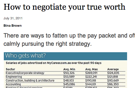 <a class="button" href="http://www.theage.com.au/money/planning/how-to-negotiate-your-true-worth-20110730-1i5eb.html" target="blank_">Full Article</a>